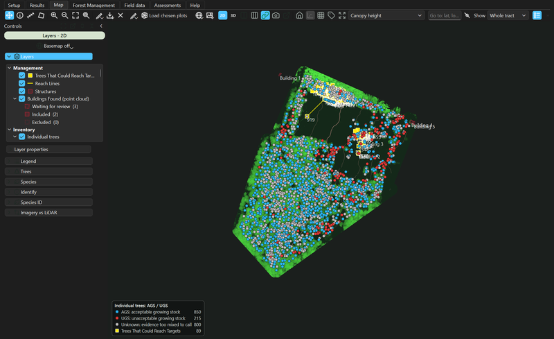 Silvalytics 2.19 desktop app, 2D map with the layer rail and individual trees.