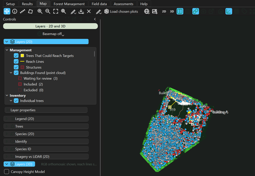 Silvalytics 2.19 desktop app in split 2D/3D mode, cropped to the left half: the layer rail listing 2D and 3D layers beside the 2D map of Benton Hollow with trees colored by growing-stock class.