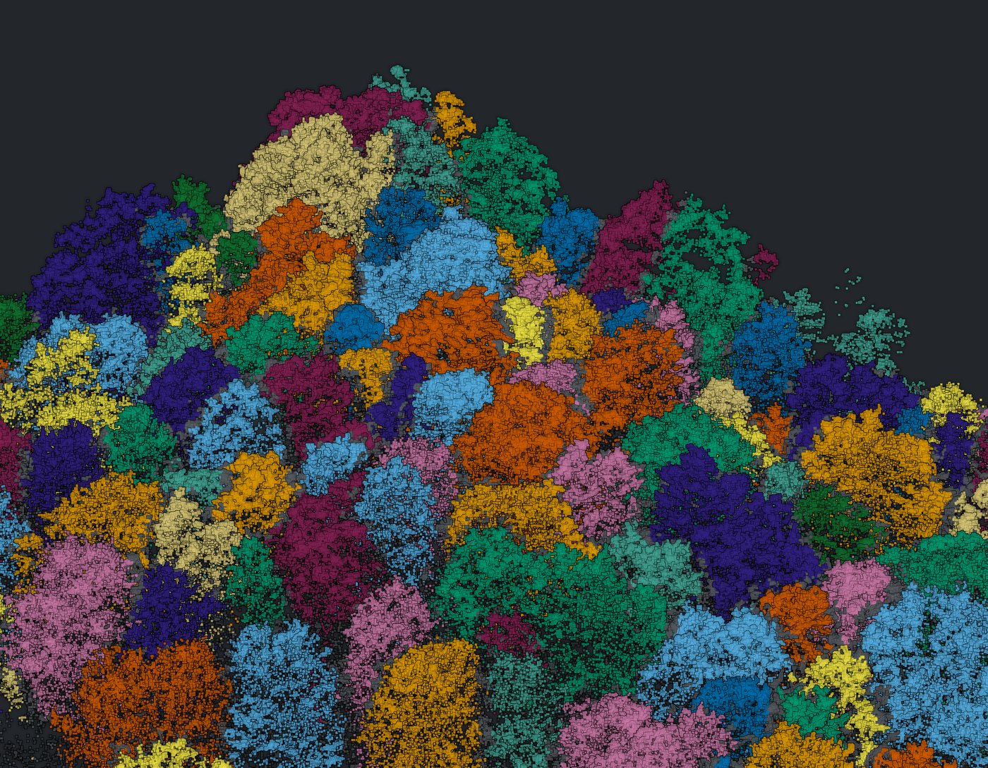 Close-up 3D view of individual crowns on a charcoal background, each in its own color.